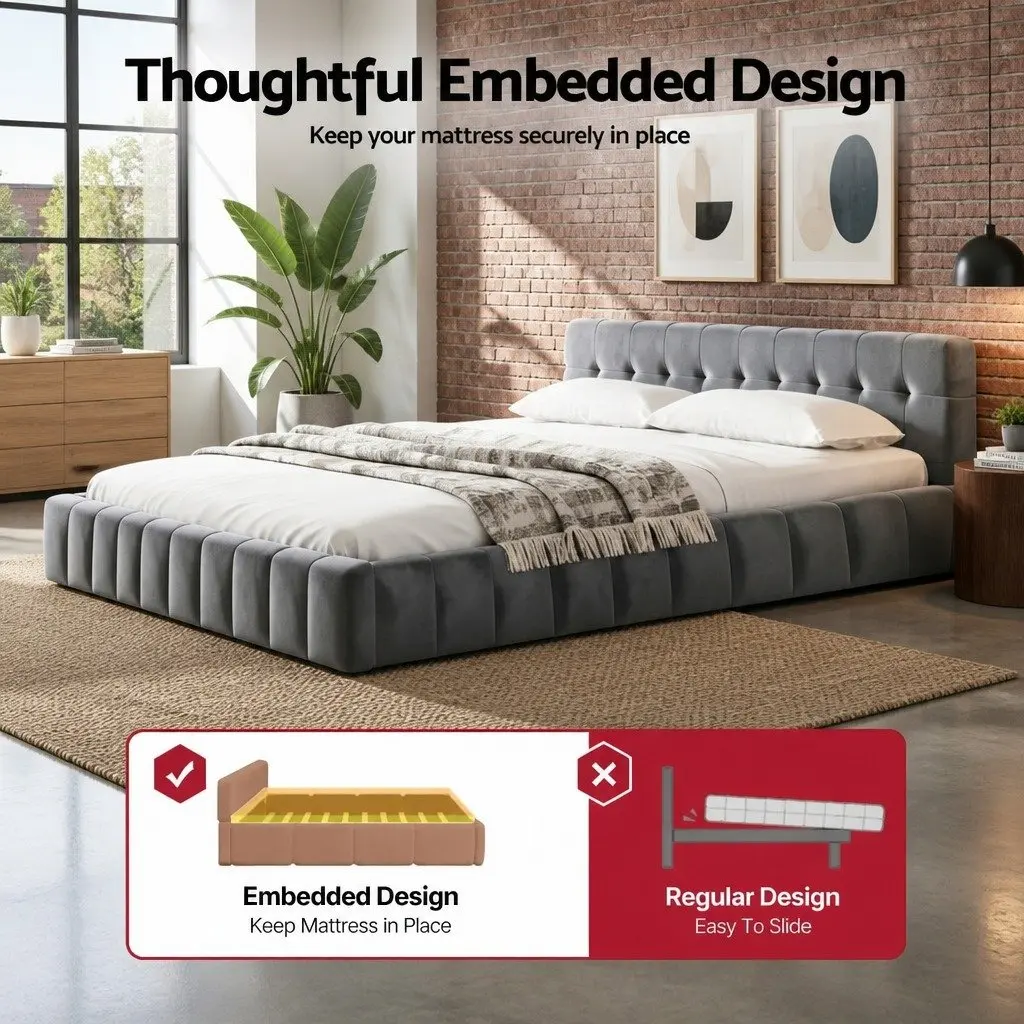 King Size Bed Frame Modern Platform Base Plush Velvet Headboard Grey