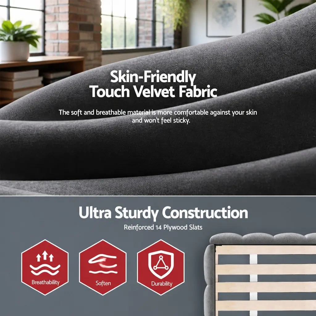 King Size Bed Frame Modern Platform Base Plush Velvet Headboard Grey