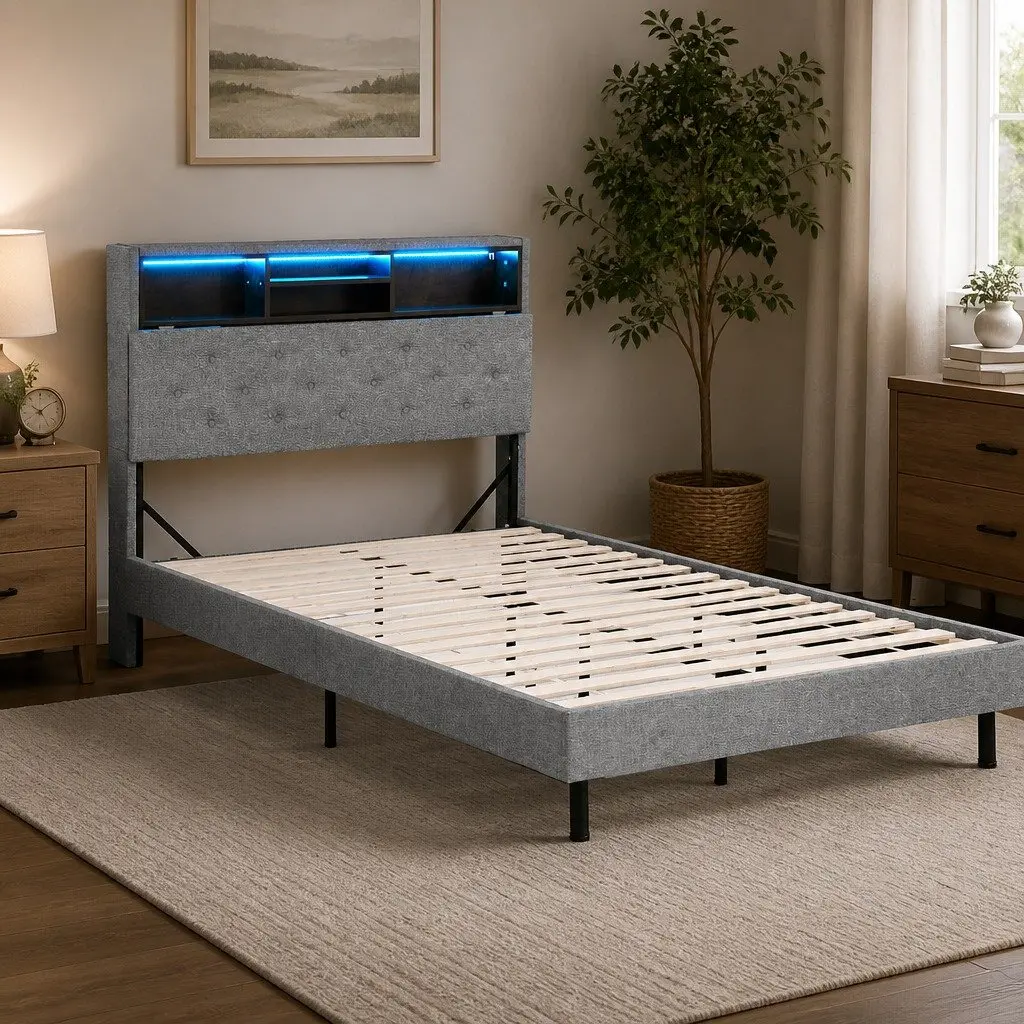 King Single Bed Frame Storage Headboard RGB LED Lights Modern Grey Faux Linen 113cm W 218cm D 115cm H
