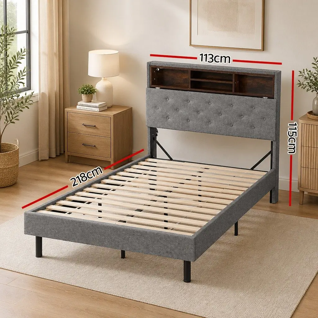 King Single Bed Frame Storage Headboard RGB LED Lights Modern Grey Faux Linen 113cm W 218cm D 115cm H