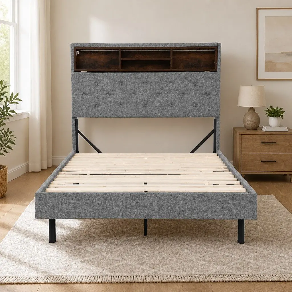 King Single Bed Frame Storage Headboard RGB LED Lights Modern Grey Faux Linen 113cm W 218cm D 115cm H