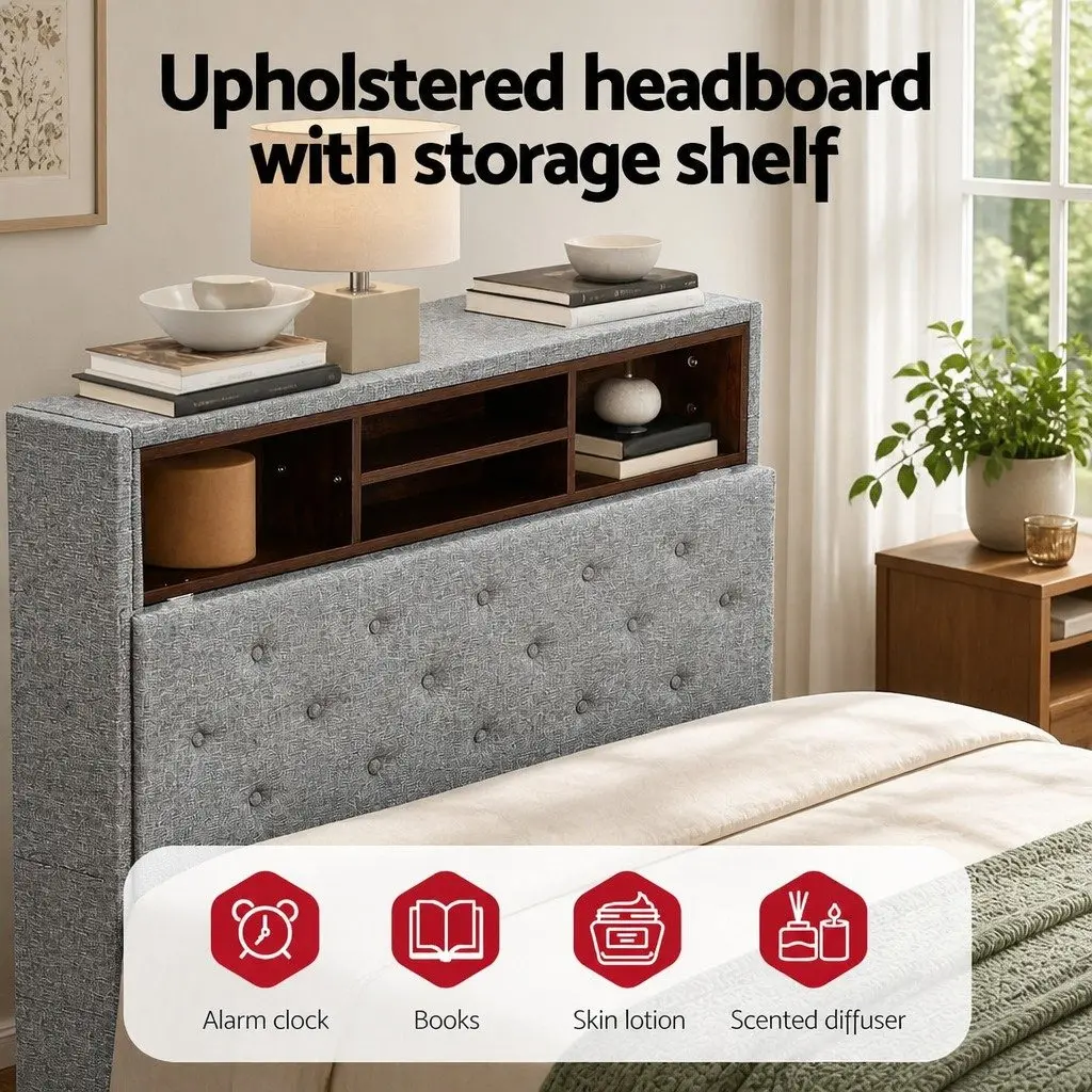 King Single Bed Frame Storage Headboard RGB LED Lights Modern Grey Faux Linen 113cm W 218cm D 115cm H