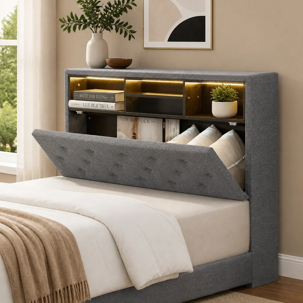 King Single Bed Frame Storage Headboard RGB LED Lights Modern Grey Faux Linen 113cm W 218cm D 115cm H