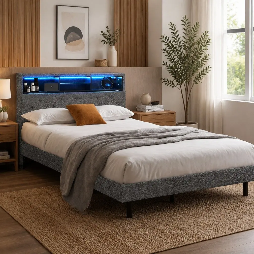 King Single Bed Frame Storage Headboard RGB LED Lights Modern Grey Faux Linen 113cm W 218cm D 115cm H