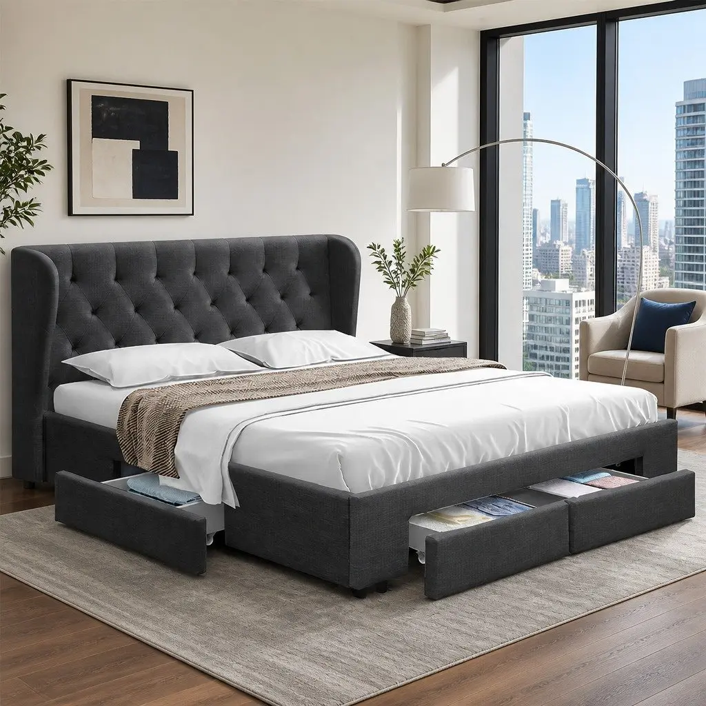 King Size Bed Frame with Storage Drawers Charcoal Upholstered Padded