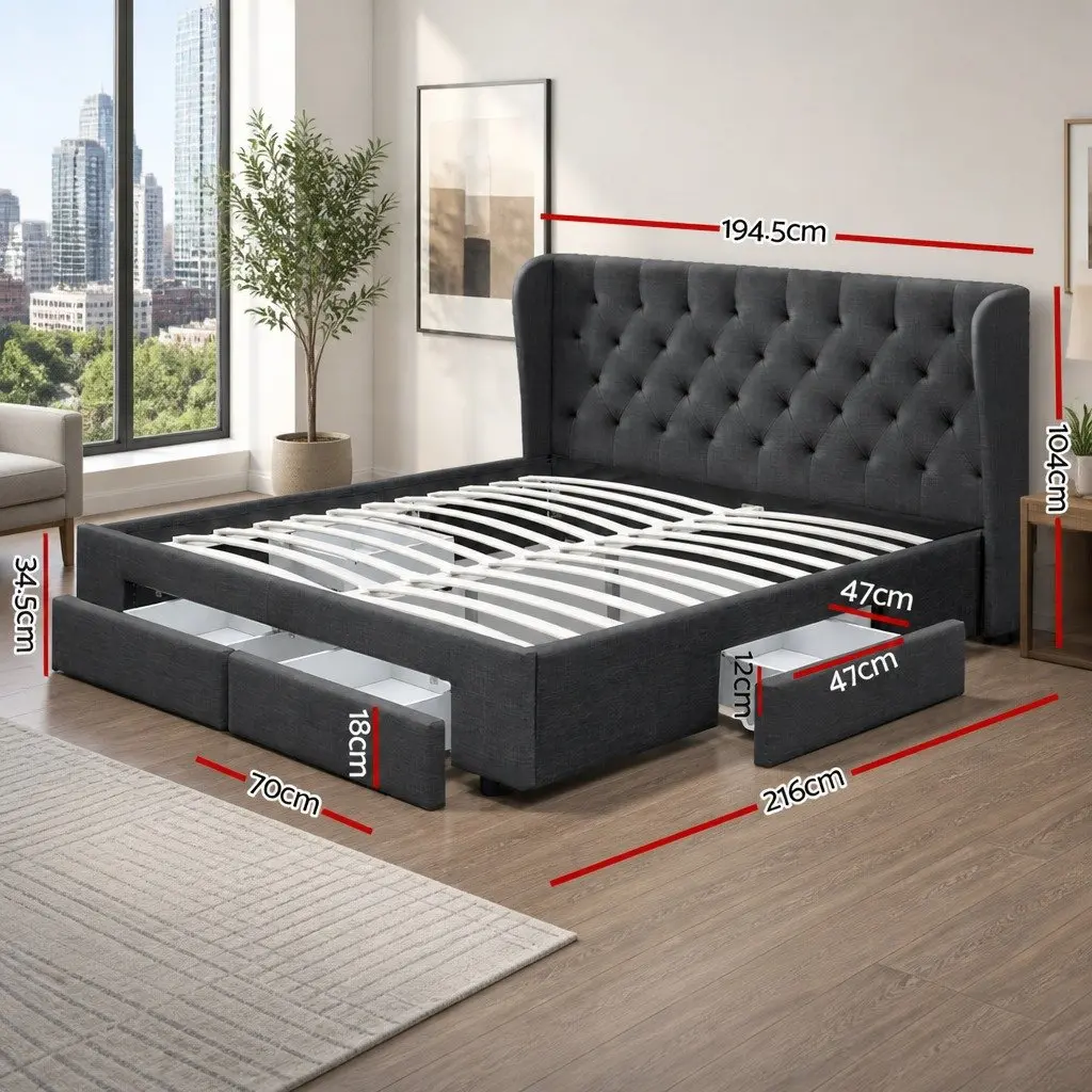 King Size Bed Frame with Storage Drawers Charcoal Upholstered Padded