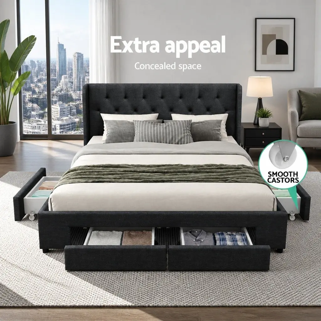 King Size Bed Frame with Storage Drawers Charcoal Upholstered Padded