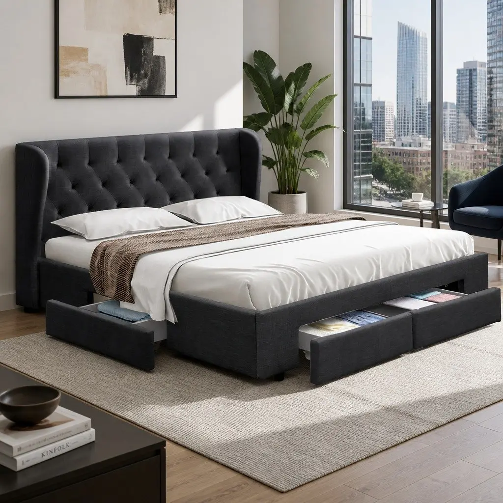 King Size Bed Frame with Storage Drawers Charcoal Upholstered Padded