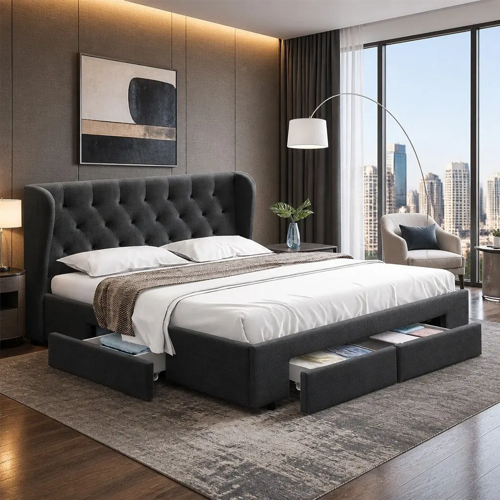 Queen Size Bed Frame Charcoal Upholstered with 4 Storage Drawers