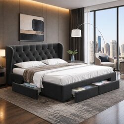 Comfortable Queen Bed Frame with Four Spacious Drawers