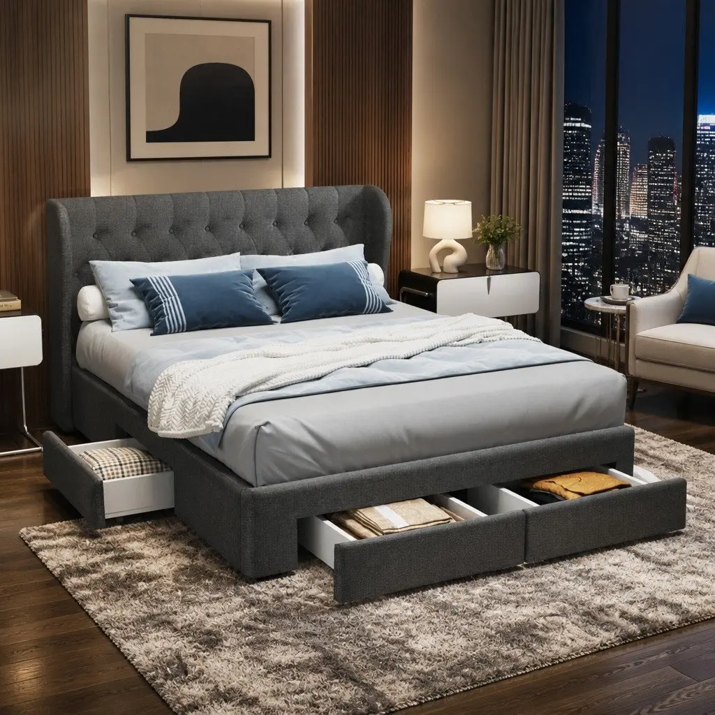 Queen Size Bed Frame Charcoal Upholstered with 4 Storage Drawers