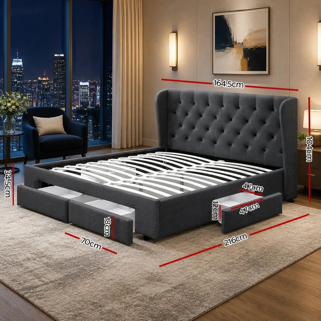 Queen Size Bed Frame Charcoal Upholstered with 4 Storage Drawers