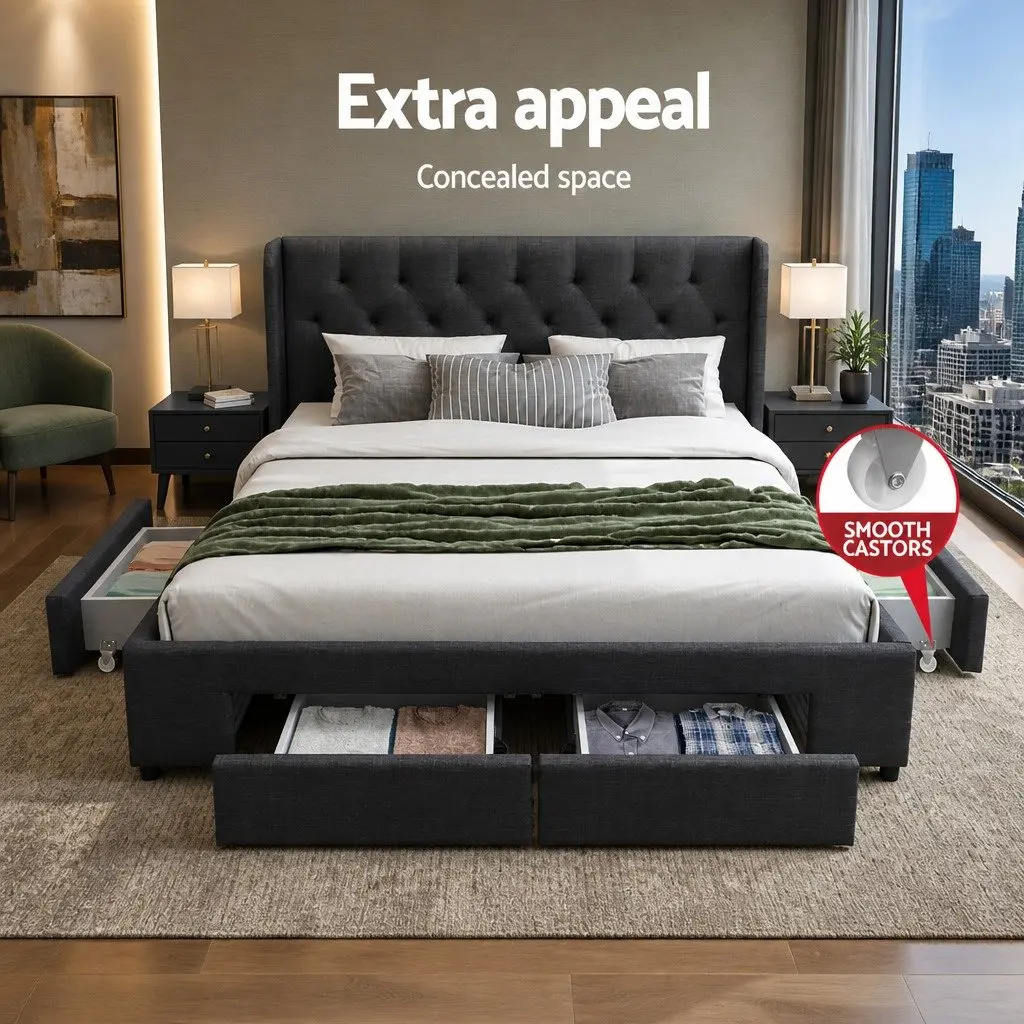 Queen Size Bed Frame Charcoal Upholstered with 4 Storage Drawers