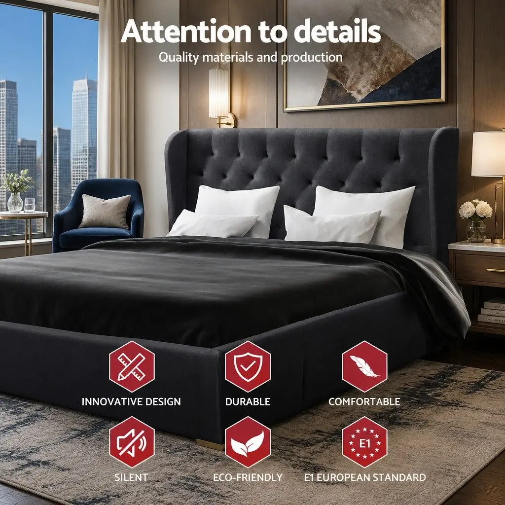 Queen Size Bed Frame Charcoal Upholstered with 4 Storage Drawers