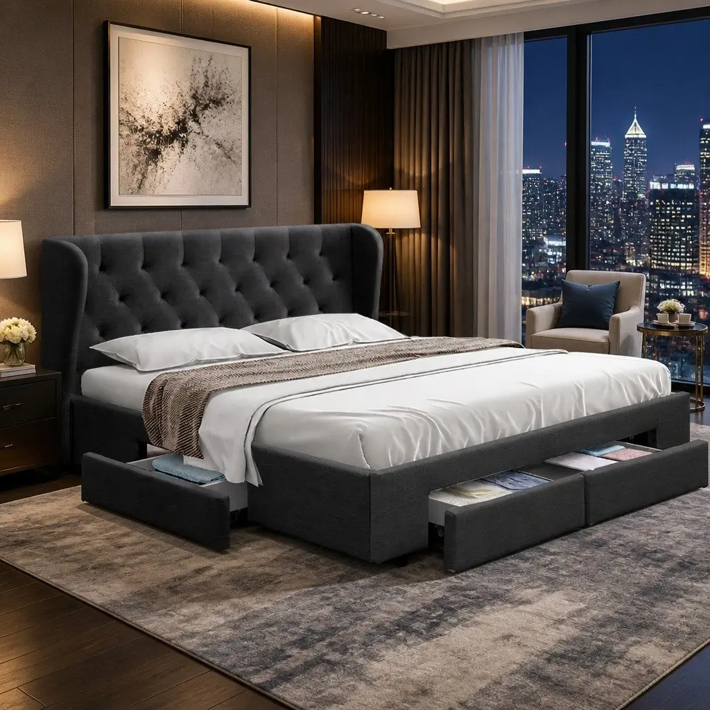 Queen Size Bed Frame Charcoal Upholstered with 4 Storage Drawers