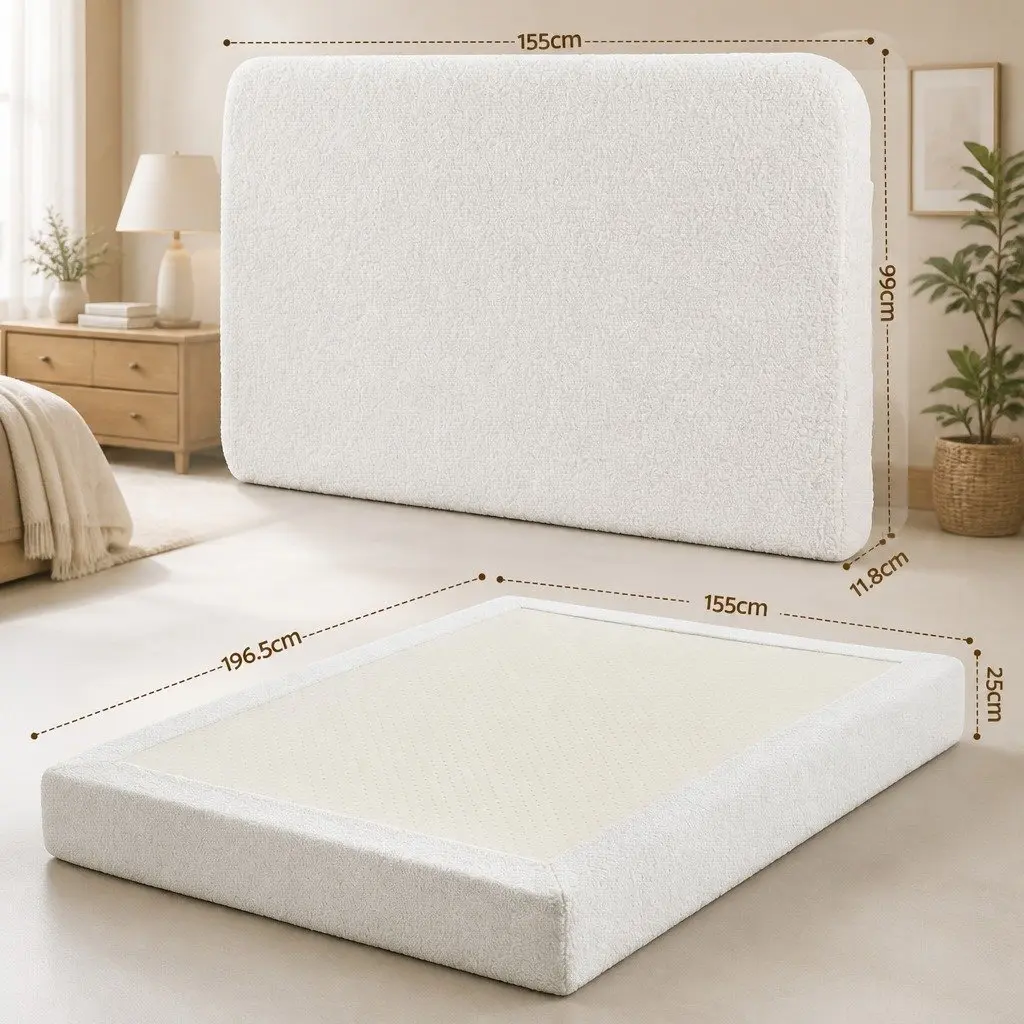 Double Bed Frame Boucle Fabric Tool-Free Instant Expansion 155W x 196.5L cm White