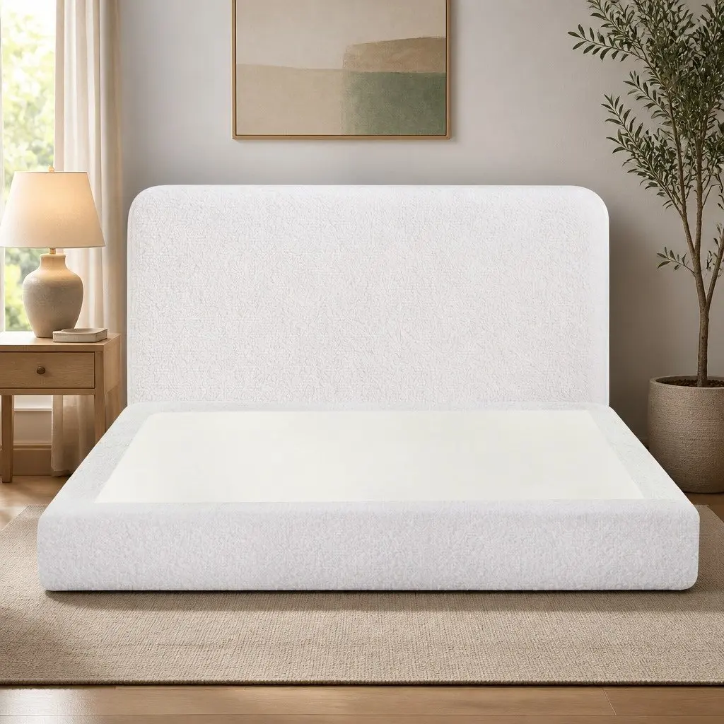 Double Bed Frame Boucle Fabric Tool-Free Instant Expansion 155W x 196.5L cm White