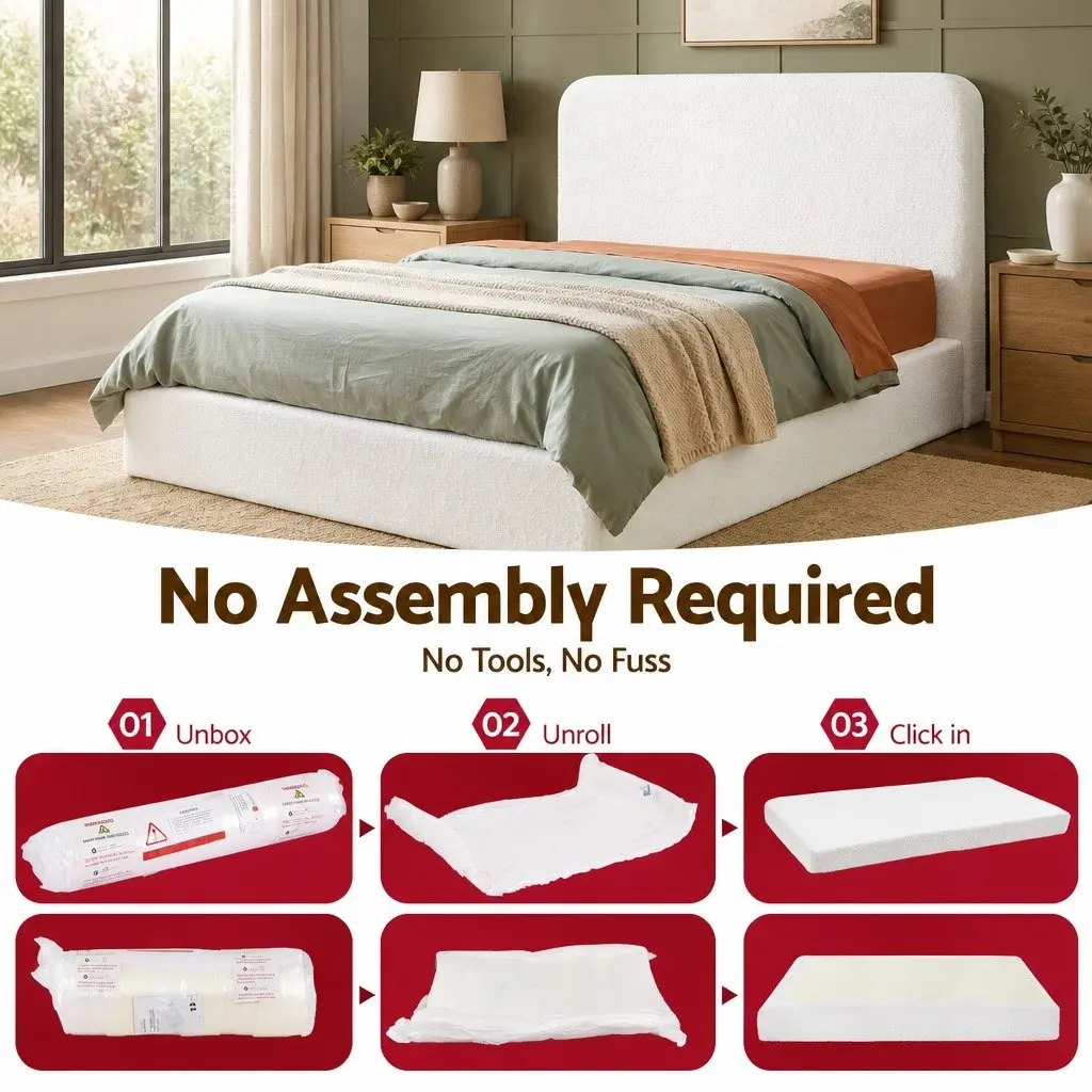 Double Bed Frame Boucle Fabric Tool-Free Instant Expansion 155W x 196.5L cm White