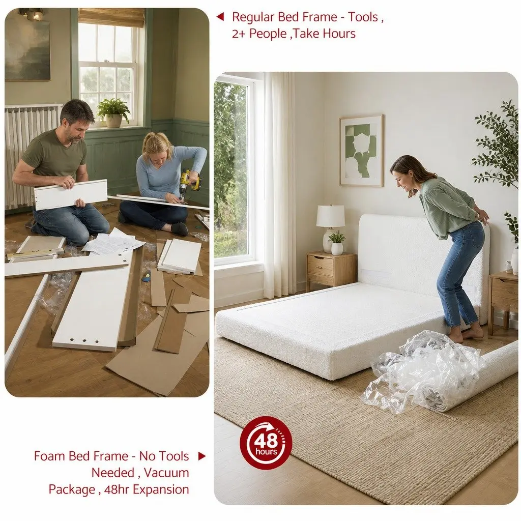 Double Bed Frame Boucle Fabric Tool-Free Instant Expansion 155W x 196.5L cm White