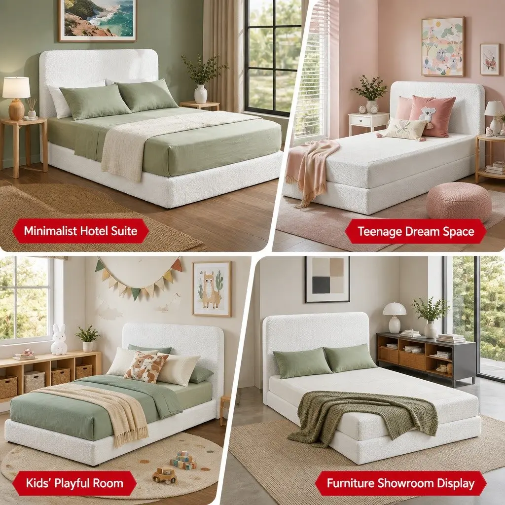 Double Bed Frame Boucle Fabric Tool-Free Instant Expansion 155W x 196.5L cm White