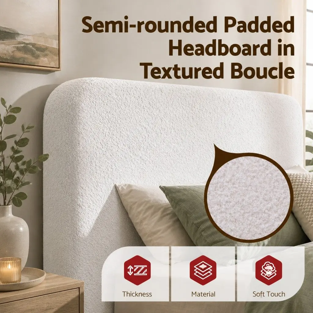 Double Bed Frame Boucle Fabric Tool-Free Instant Expansion 155W x 196.5L cm White