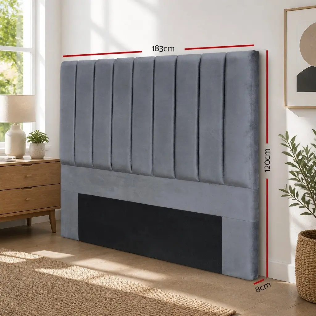 King Bed Headboard Grey Velvet Upholstered Panel Padded Art Deco 183cm x 120cm