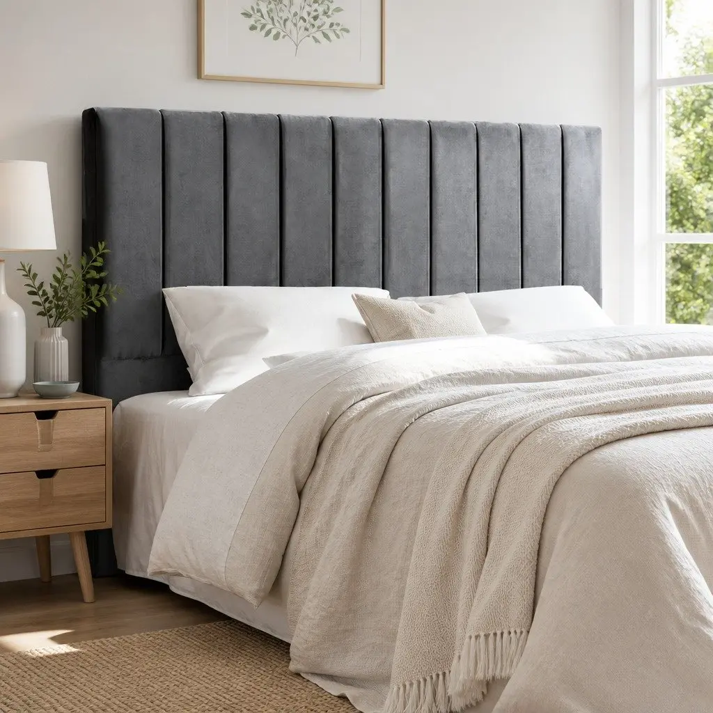 King Bed Headboard Grey Velvet Upholstered Panel Padded Art Deco 183cm x 120cm