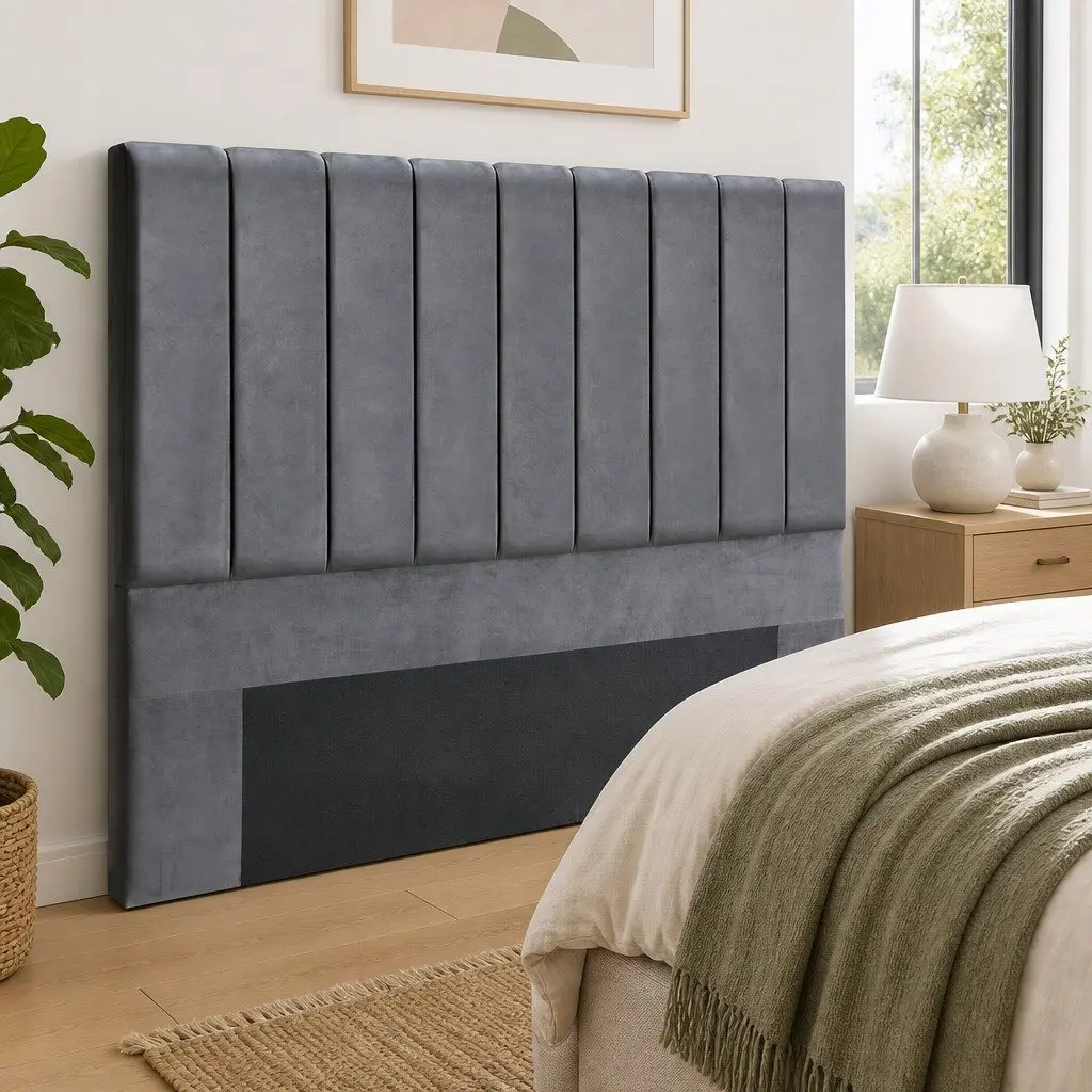 King Bed Headboard Grey Velvet Upholstered Panel Padded Art Deco 183cm x 120cm