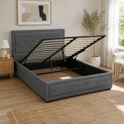 Double Size Gas Lift Bed Frame with Storage Grey Upholstered Tufted Headboard