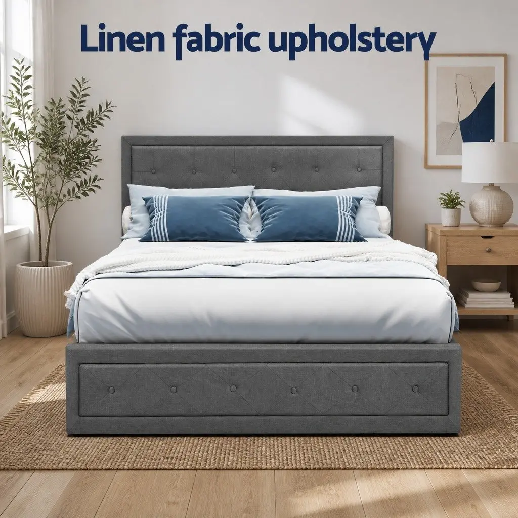 Double Size Gas Lift Bed Frame with Storage Grey Upholstered Tufted Headboard