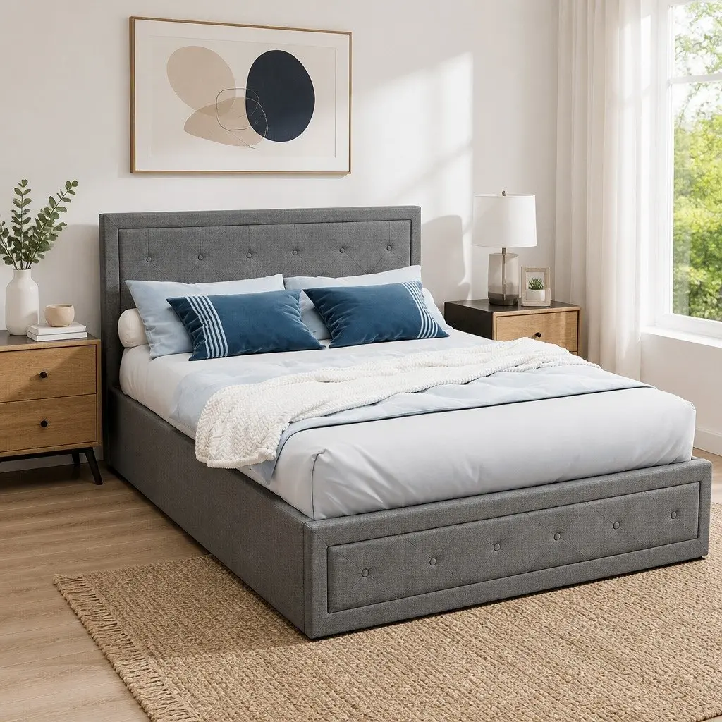 Double Size Gas Lift Bed Frame with Storage Grey Upholstered Tufted Headboard