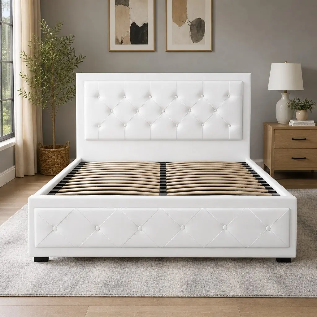 Double Gas Lift Bed Frame Storage Ottoman 202cm x 144cm White Upholstered