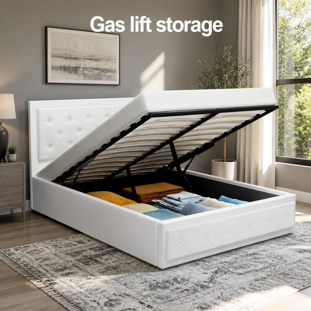 Double Gas Lift Bed Frame Storage Ottoman 202cm x 144cm White Upholstered