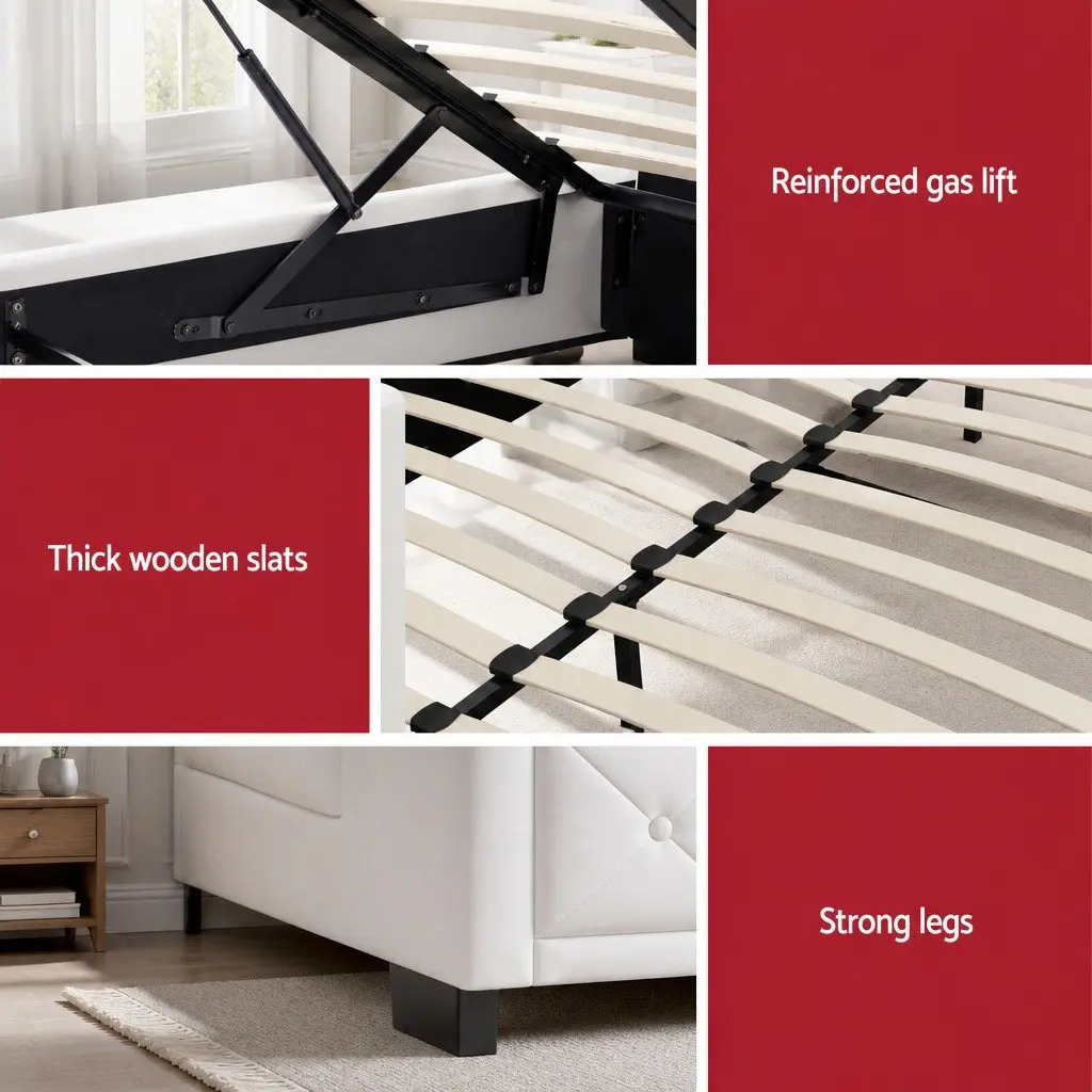 Double Gas Lift Bed Frame Storage Ottoman 202cm x 144cm White Upholstered