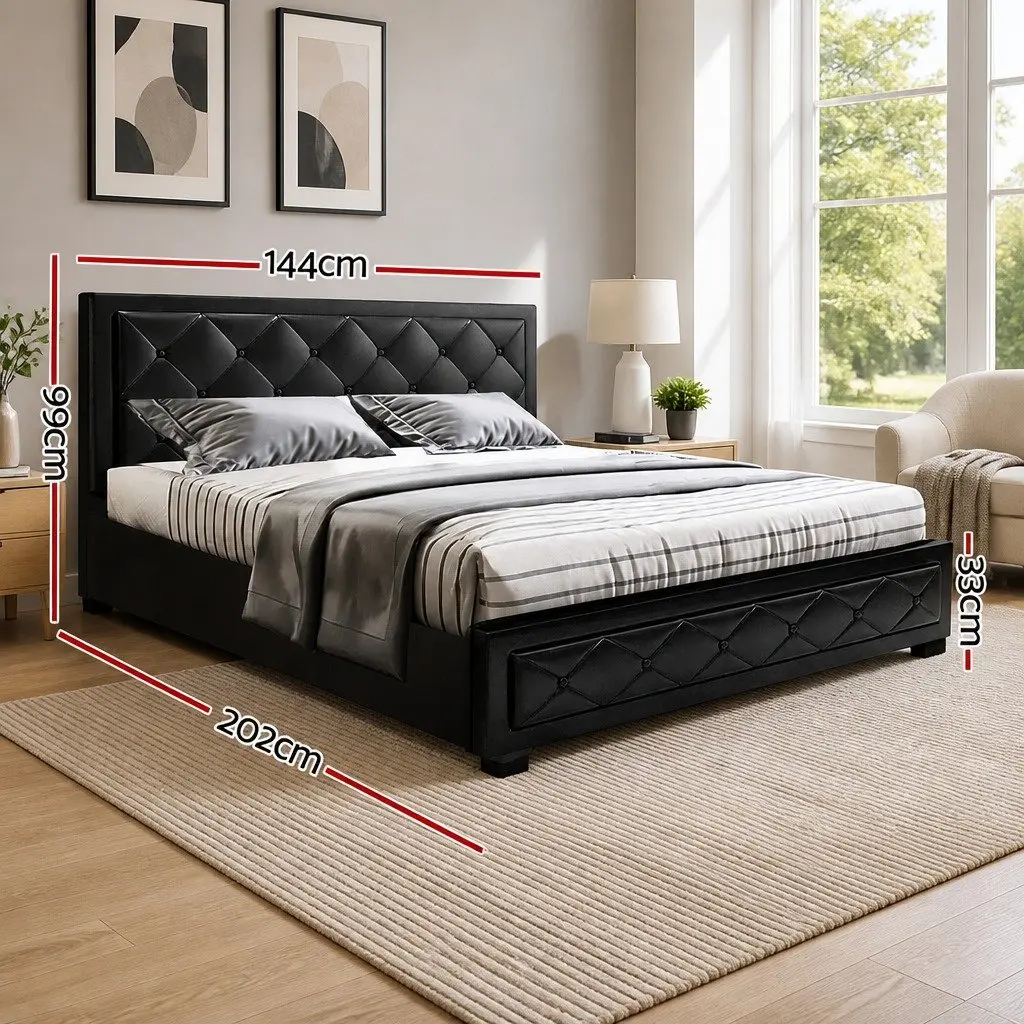 Double Size Gas Lift Bed Frame Storage Base Upholstered Headboard Black