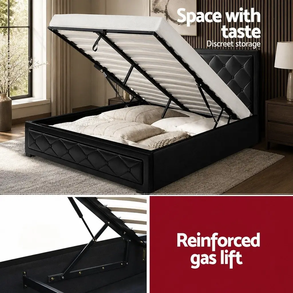 Double Size Gas Lift Bed Frame Storage Base Upholstered Headboard Black