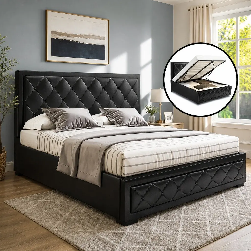 Double Size Gas Lift Bed Frame Storage Base Upholstered Headboard Black