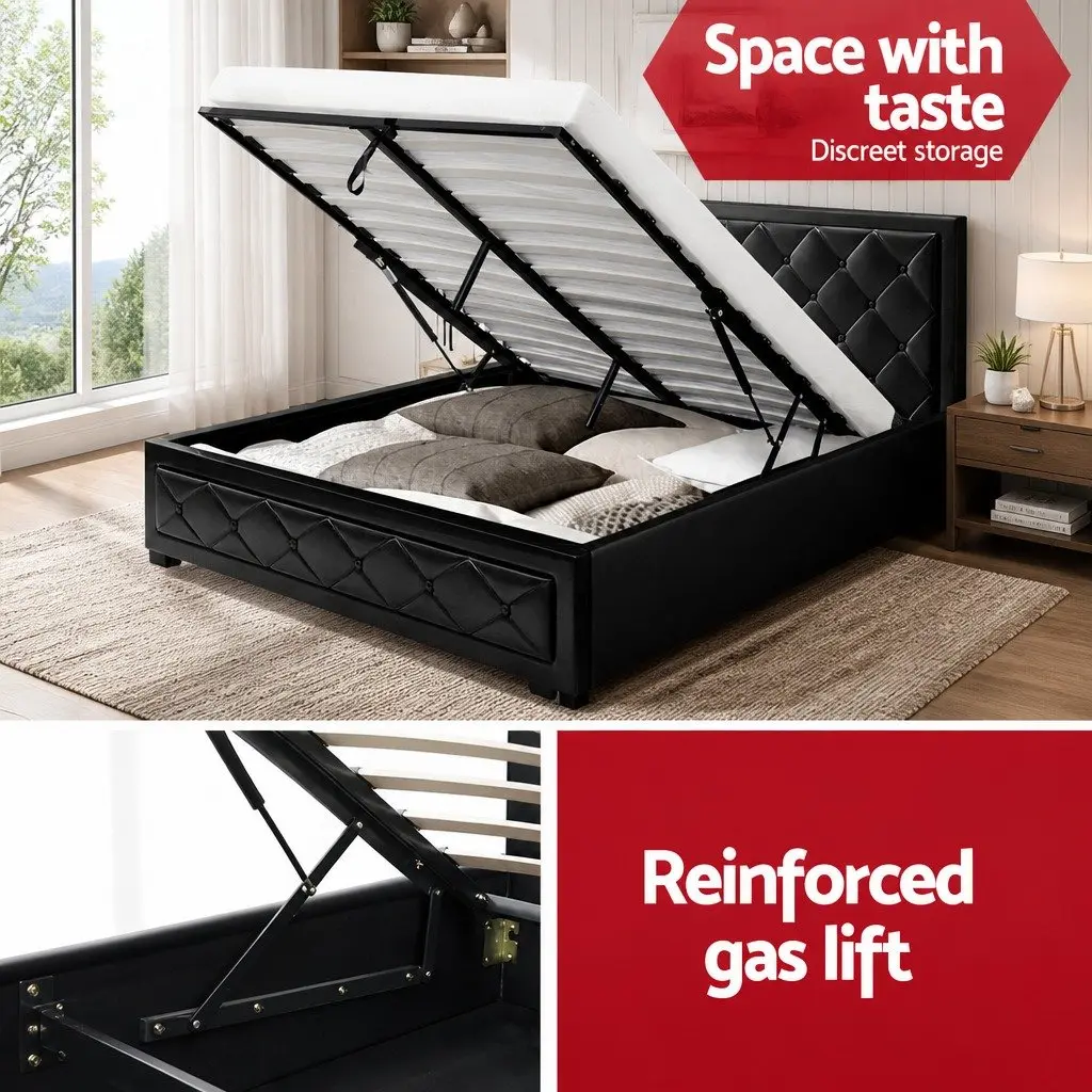 Queen Size Gas Lift Bed Frame with Storage Tufted Headboard Black
