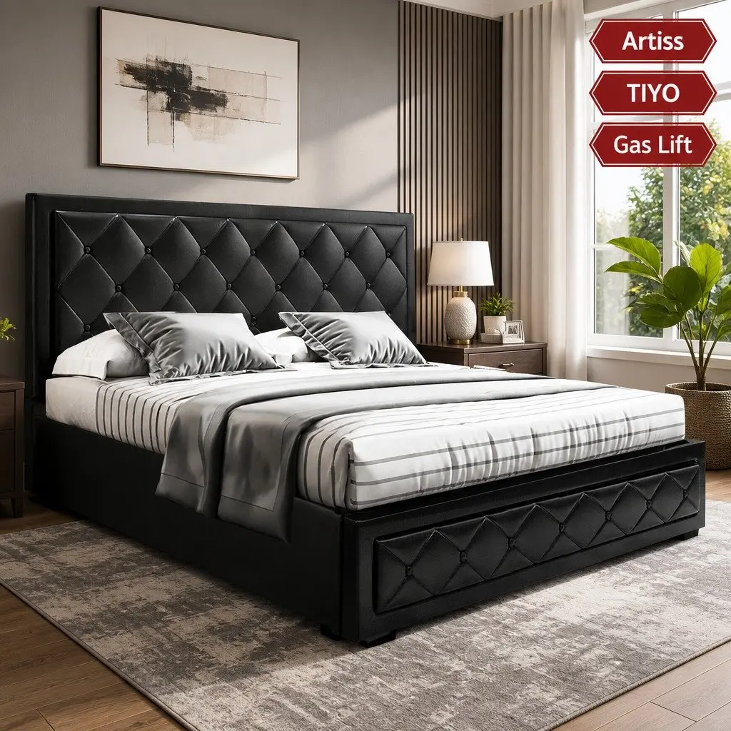 King Size Gas Lift Bed Frame with Storage Black Upholstered Contemporary Design