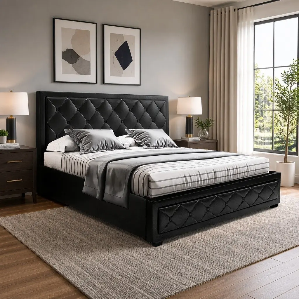 King Size Gas Lift Bed Frame with Storage Black Upholstered Contemporary Design