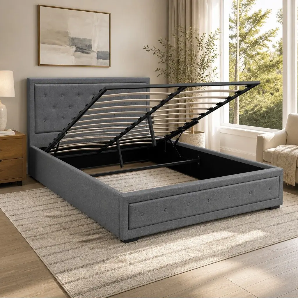 Queen Size Gas Lift Bed Frame with Storage Grey Upholstered
