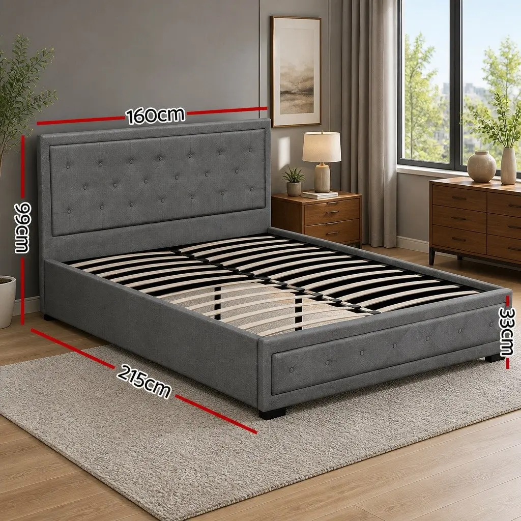 Queen Size Gas Lift Bed Frame with Storage Grey Upholstered