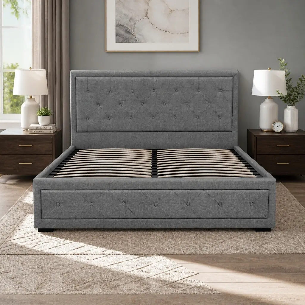 Queen Size Gas Lift Bed Frame with Storage Grey Upholstered