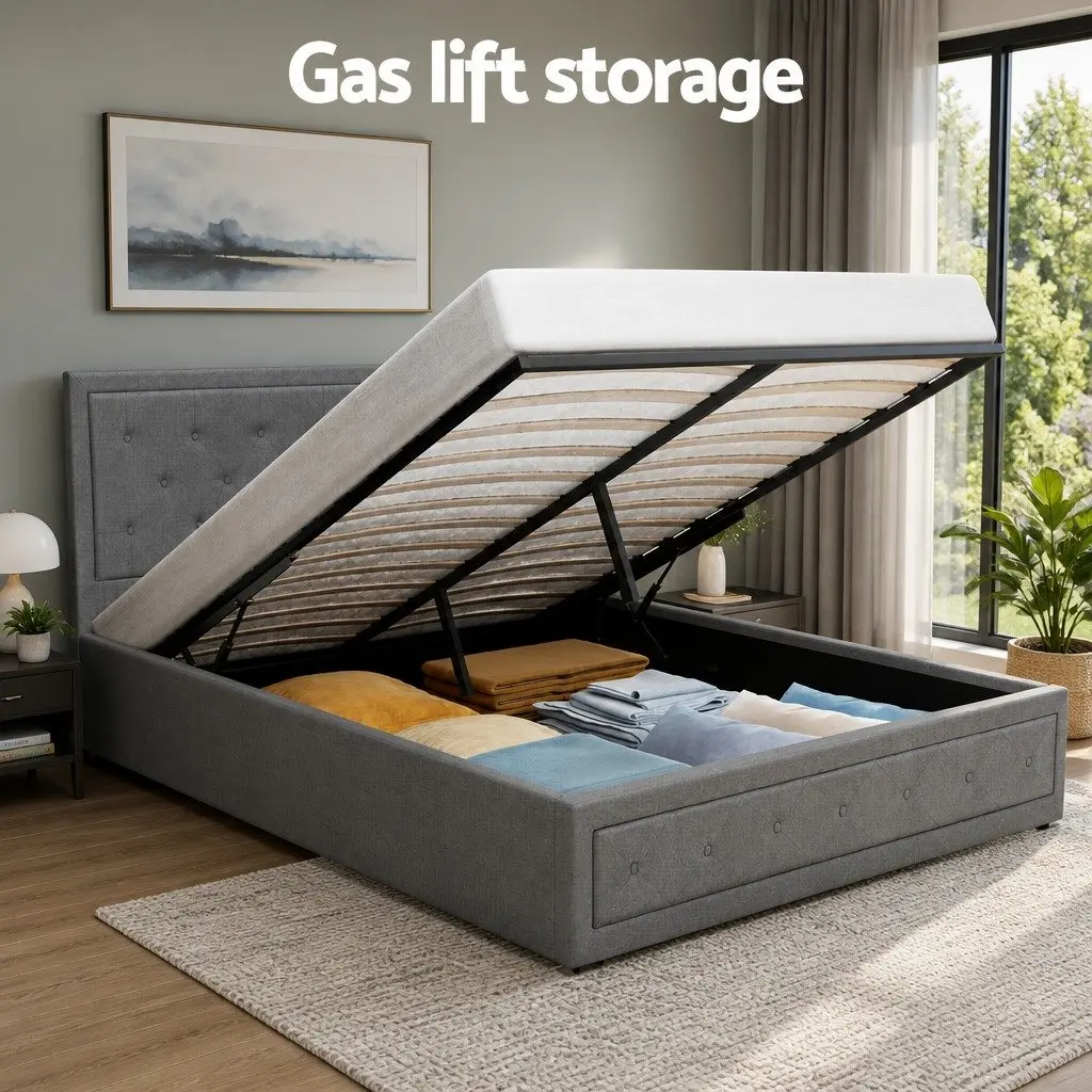 Queen Size Gas Lift Bed Frame with Storage Grey Upholstered