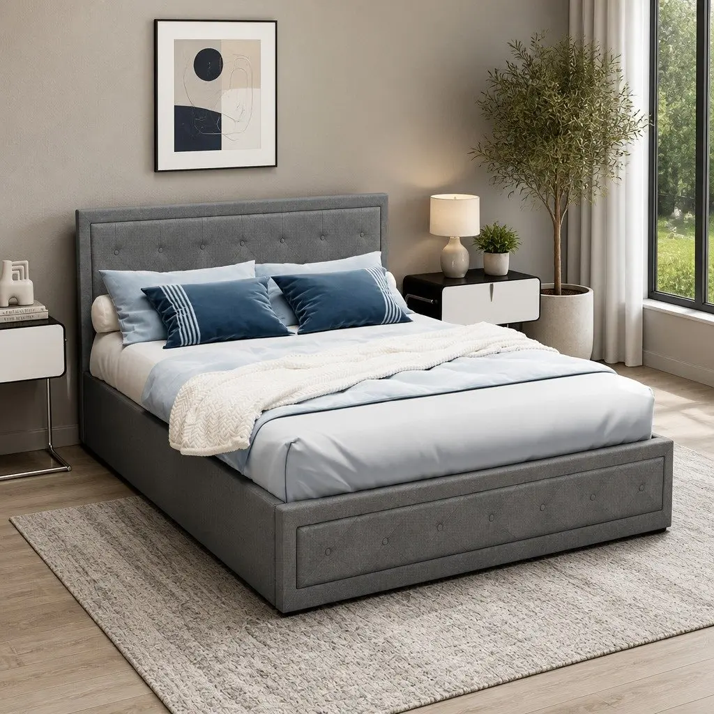Queen Size Gas Lift Bed Frame with Storage Grey Upholstered