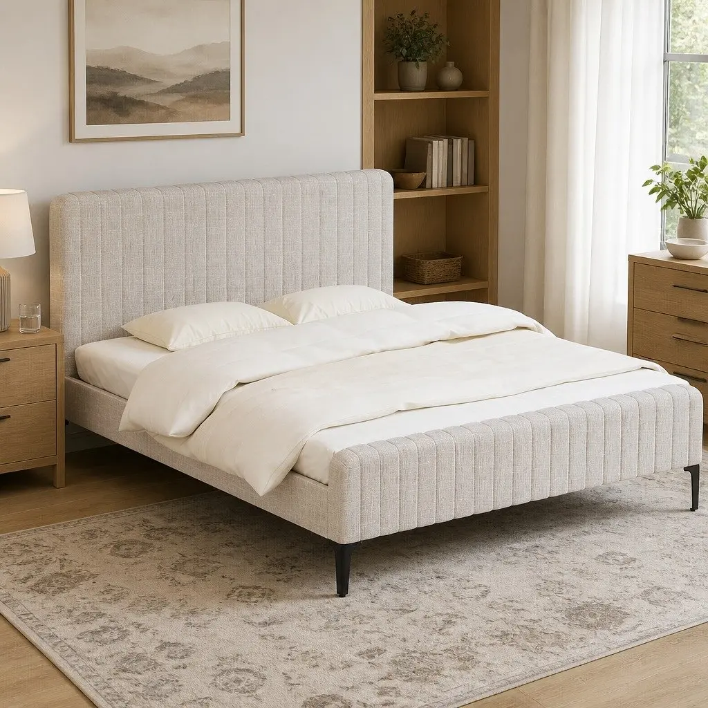 King Size Bed Frame Upholstered Bedroom Furniture Padded Headboard Beige