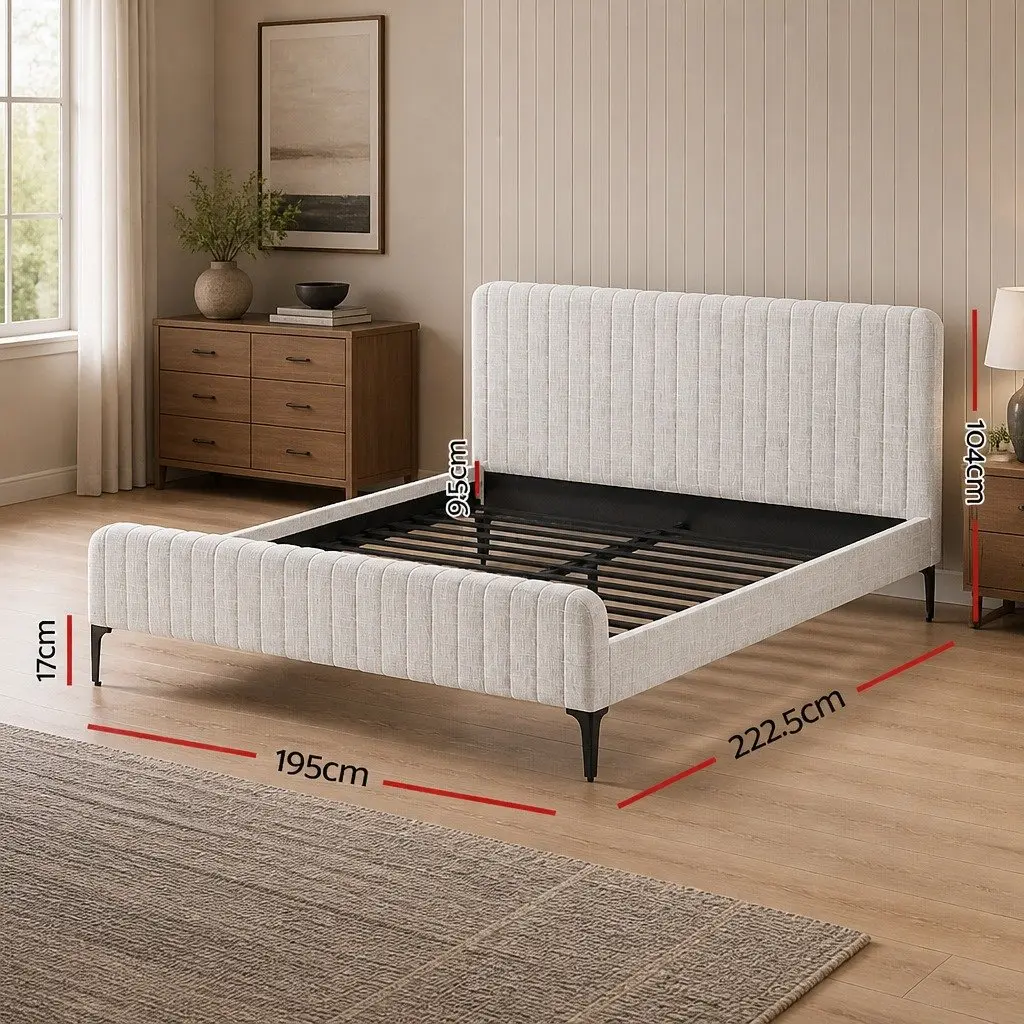 King Size Bed Frame Upholstered Bedroom Furniture Padded Headboard Beige