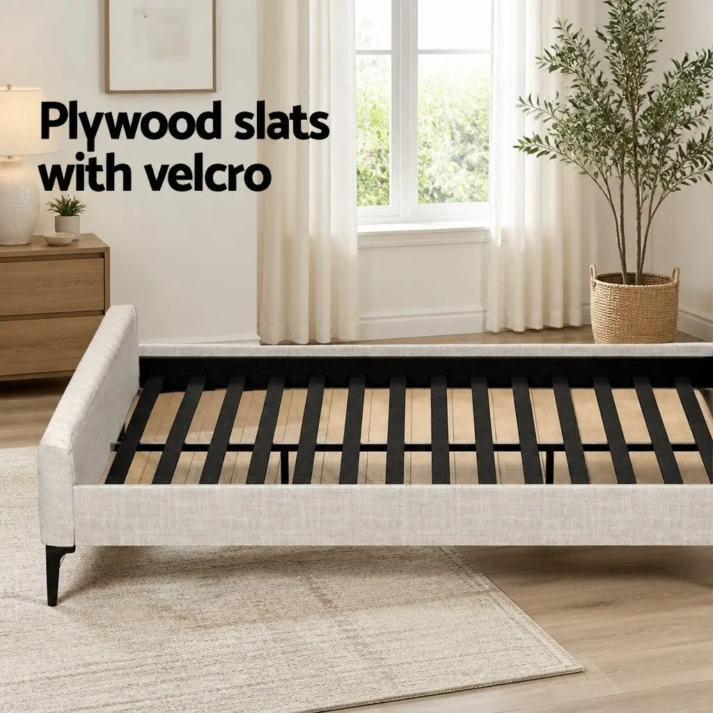 King Size Bed Frame Upholstered Bedroom Furniture Padded Headboard Beige