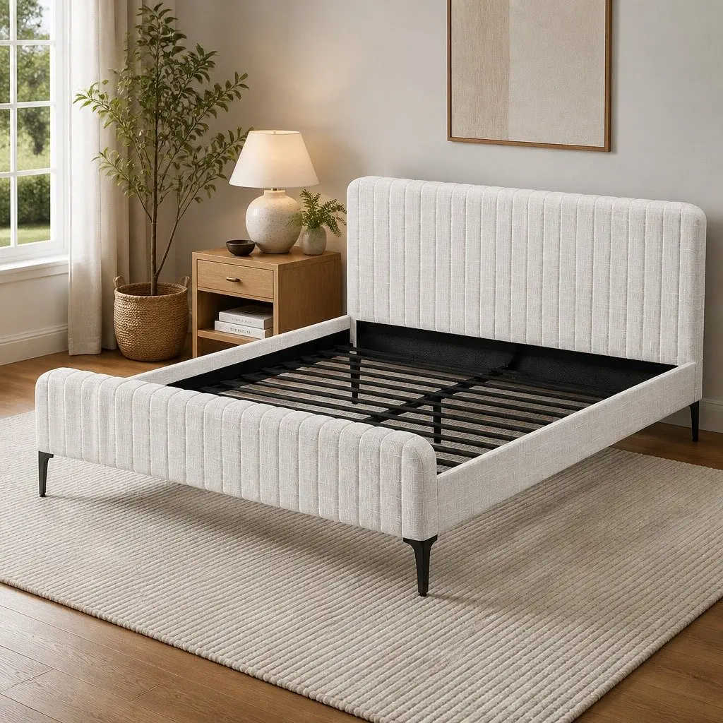 King Size Bed Frame Upholstered Bedroom Furniture Padded Headboard Beige