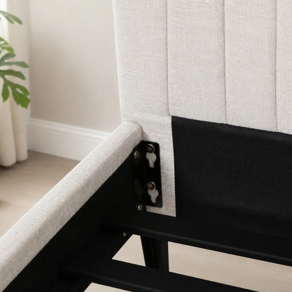 Queen Size Bed Frame Beige Upholstered Fabric Bedroom Furniture